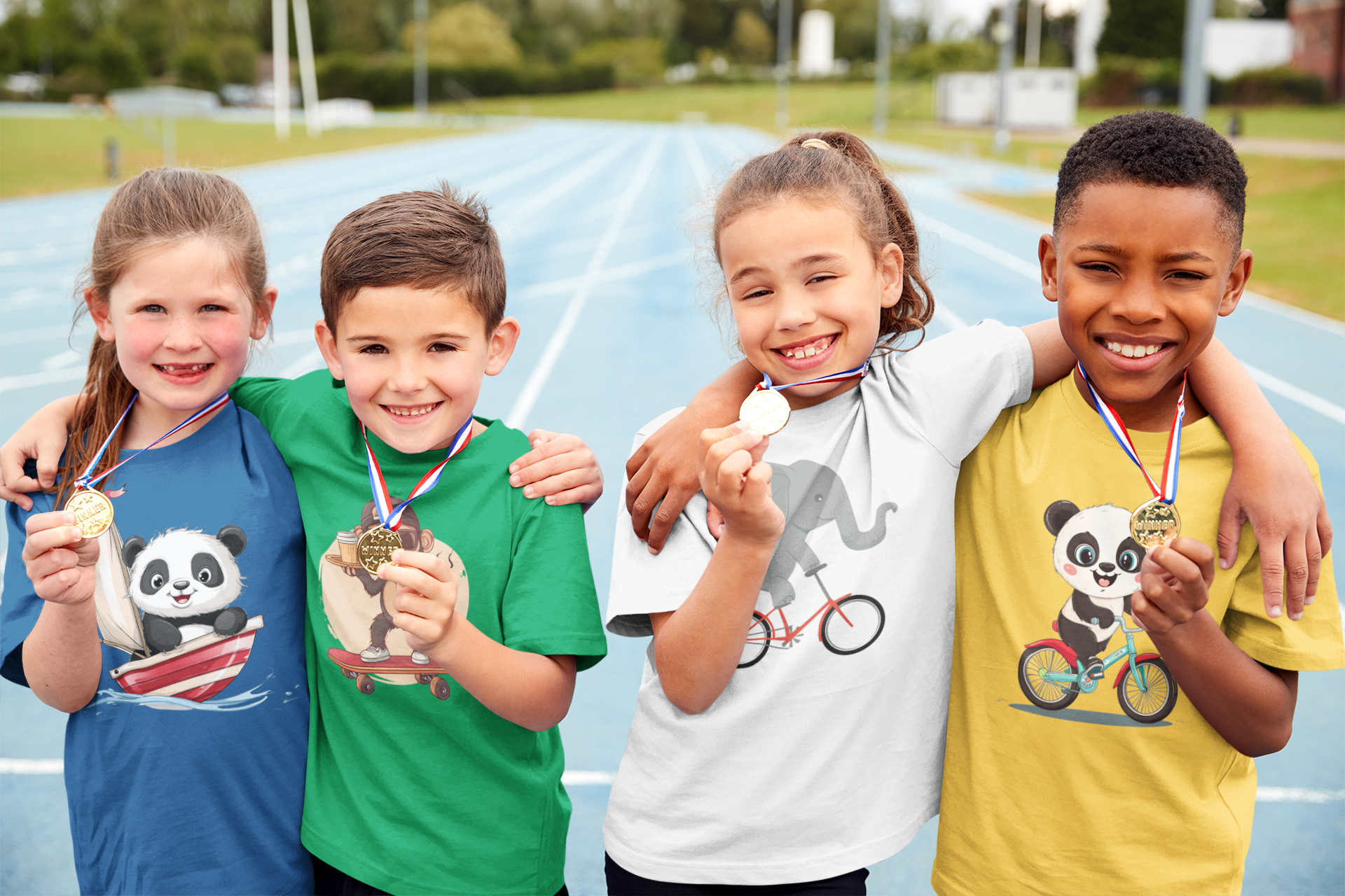 4 Kinder mit Hafenente Kiddies T-Shirts, Captain Panda, Coffee Chimp, Bikophant, Bike Panda